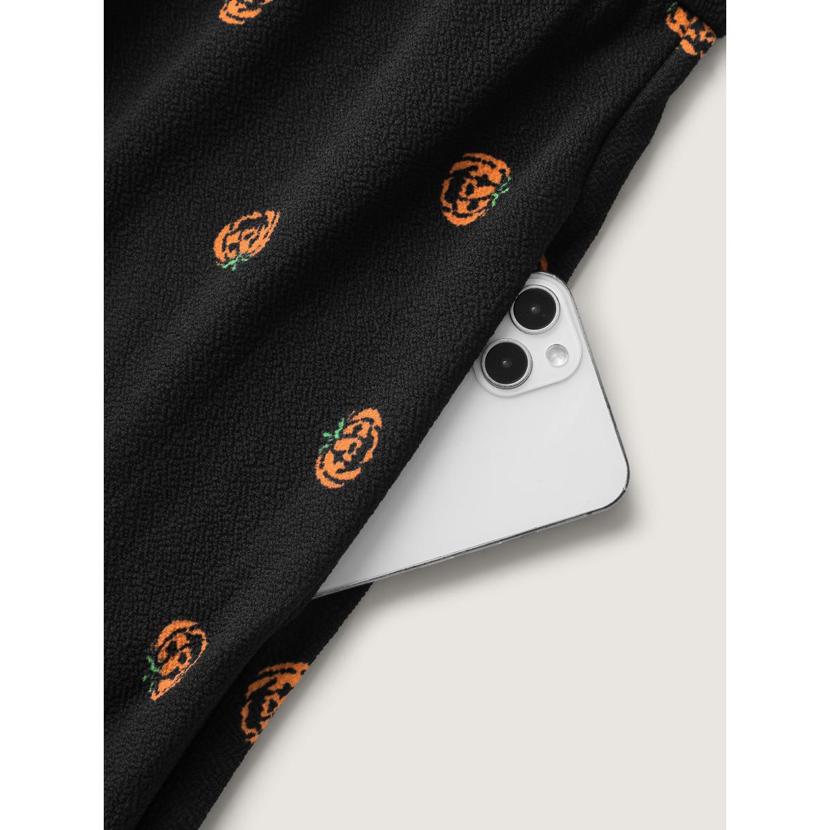 Plus Size Micro Pumpkin Print Stretchy Midi Dress BlackFlower Women Leisure Gathered Heart neckline Short sleeve Curvy BloomChic 18-20/2X Product Image