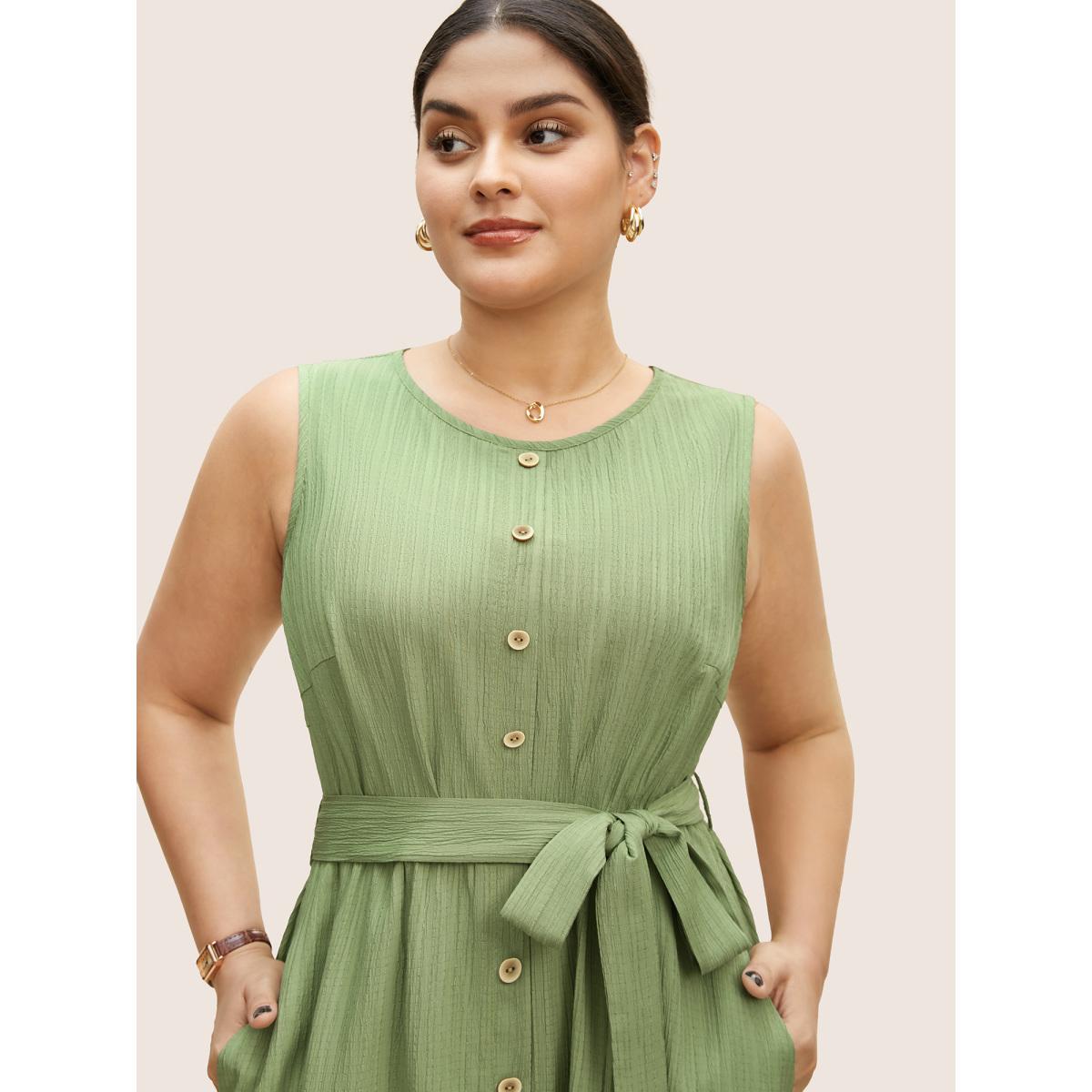 Plus Size Plain Textured Crew Neck Button Detail Midi Dress Palemauve Women Work From Home Belted Round Neck Sleeveless Curvy BloomChic 30/6X Product Image