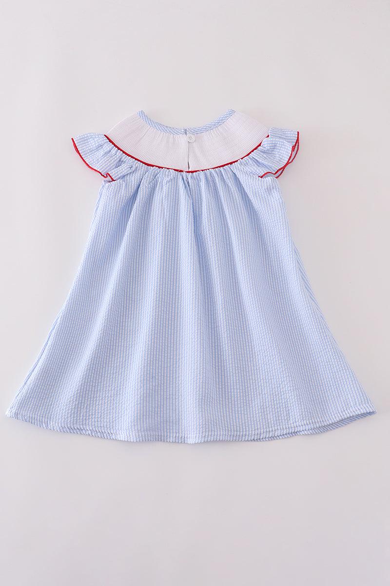 Blue seersucker crab embroidery smocked dress Product Image