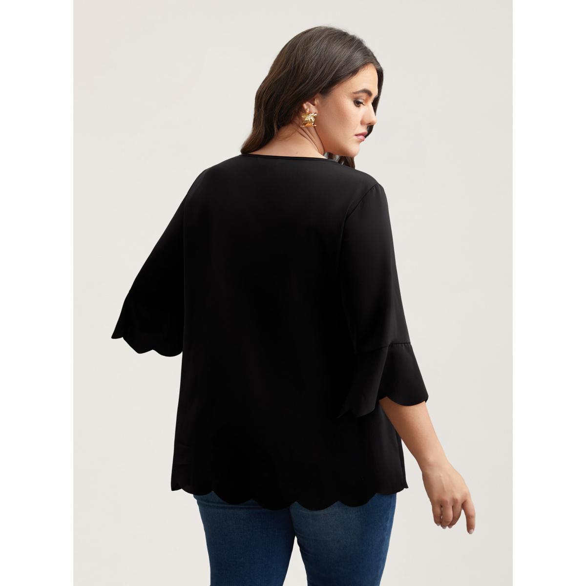Plus Size Black Beads Embellished Scalloped Hem Shirt Women Elegant Elbow-length sleeve Round Neck Everyday Blouses BloomChic 12/L Product Image