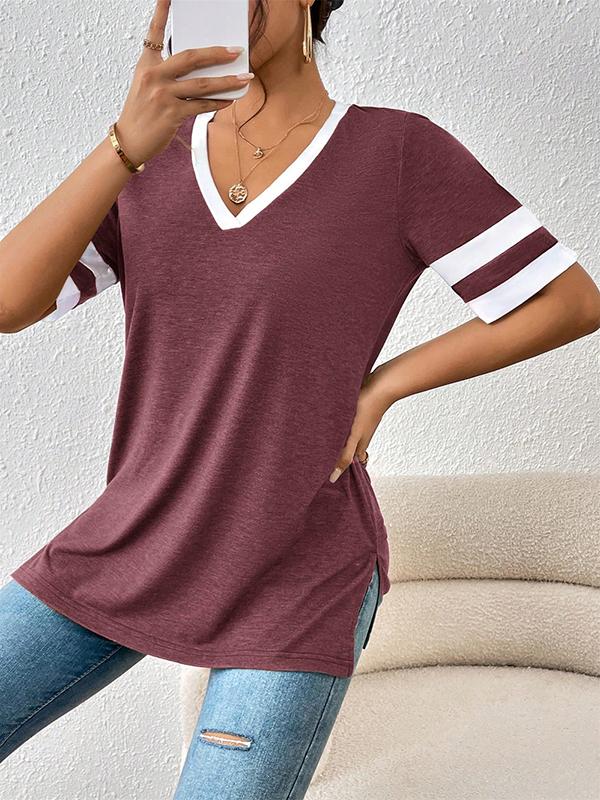 Loose Short Sleeves Split-Joint Split-Side Striped V-Neck T-Shirts Tops Product Image