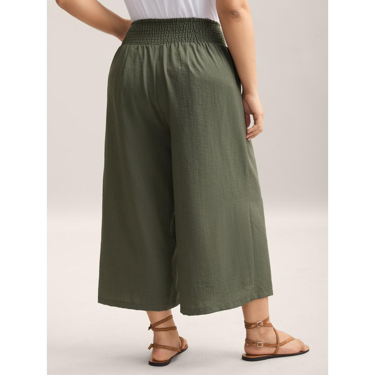 Plus Size Shirred Waist Wide-Leg Solid Pants Women ArmyGreen Resort Wide Leg Mid Rise Vacation Pants BloomChic 18-20/2X Product Image