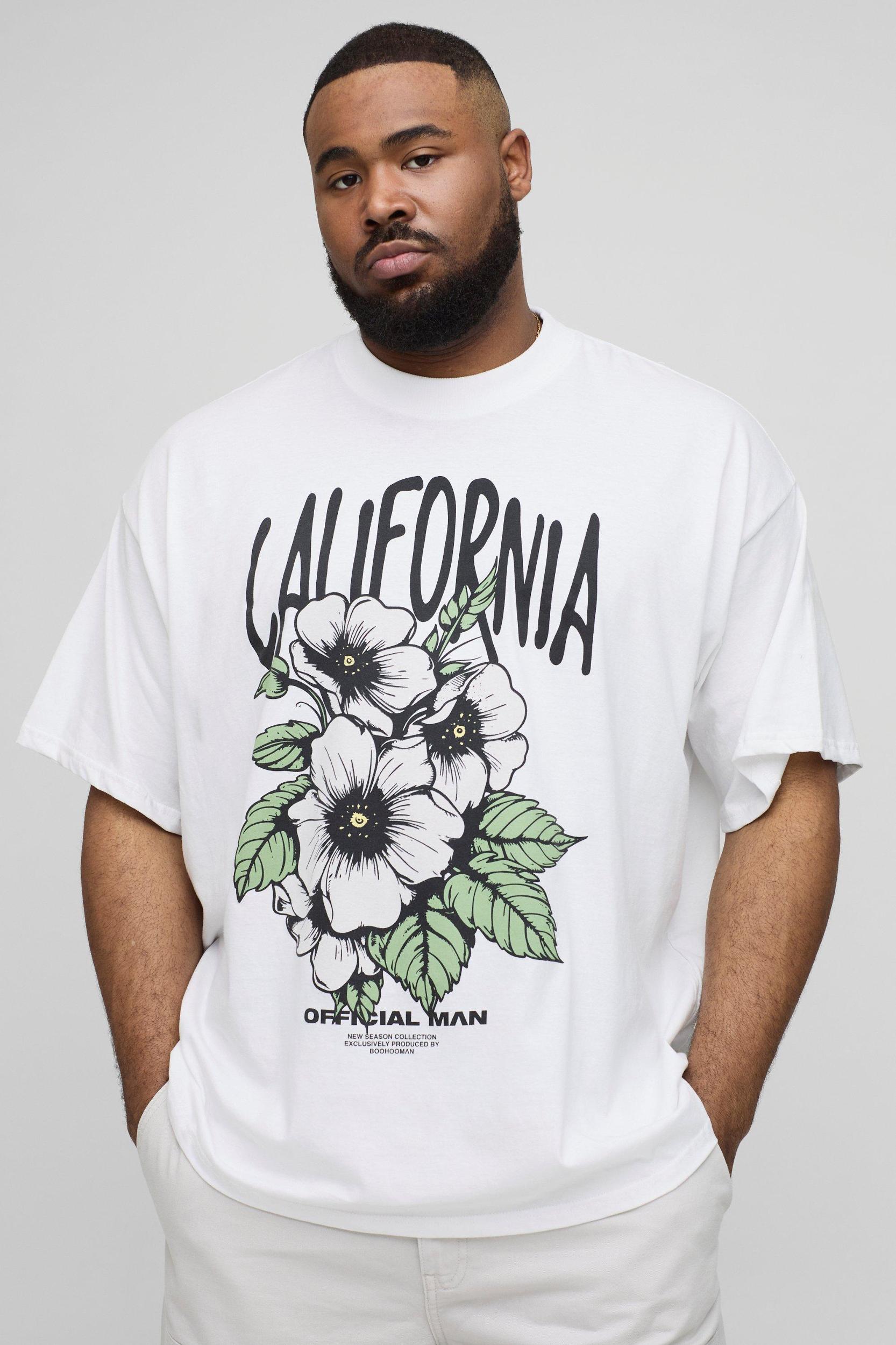 Plus Oversized Extended Neck California Floral Print T-Shirt | boohooMAN USA Product Image