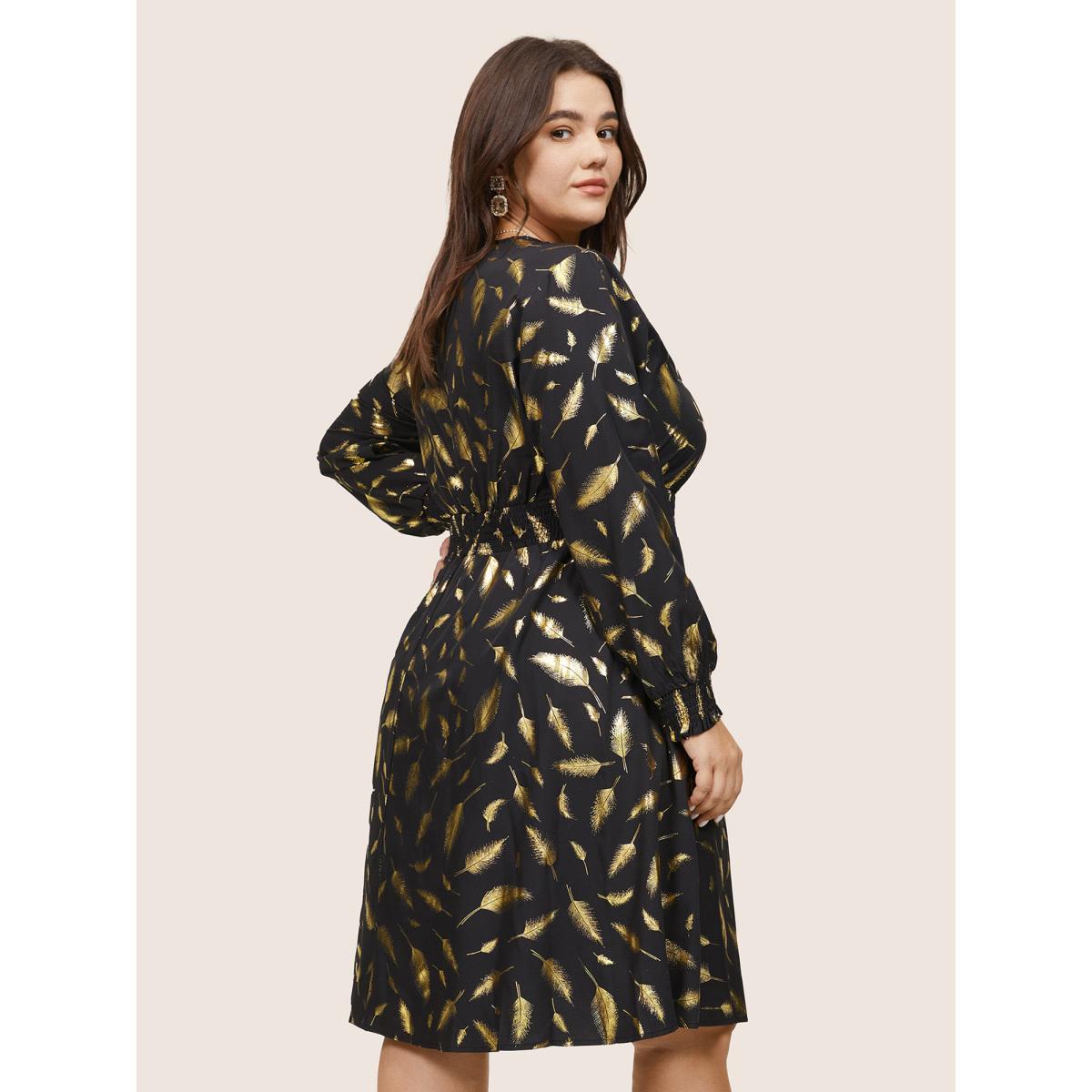 Plus Size Feather Glitter Shirred Elastic Cuffs Dress Black Women Cocktail Printed V-neck Long Sleeve Curvy Midi Dress BloomChic 10/M Product Image