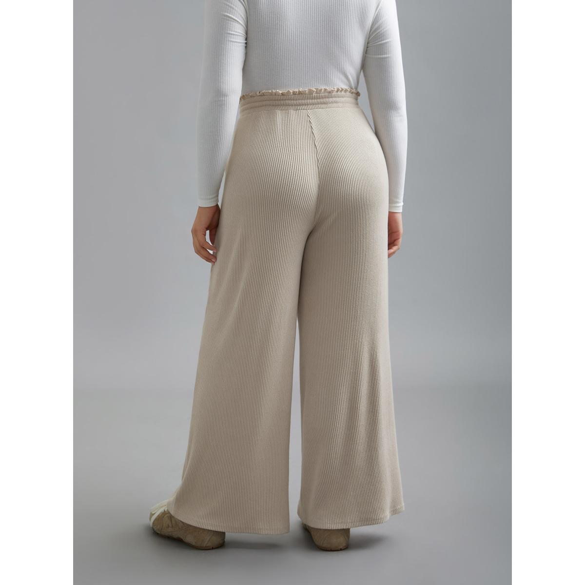 Plus Size Solid Drawstring Fit Stretch Pants Women Apricot Casual Wide Leg Mid Rise Everyday Pants BloomChic 12/L Product Image