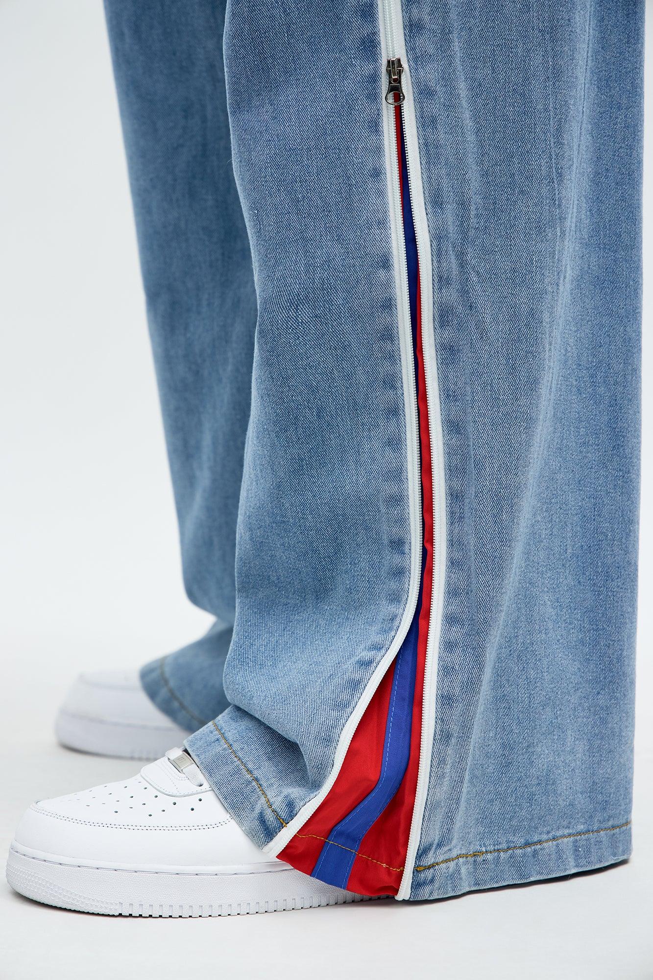 Baggy Side Stripe Zip Hit Jeans - Medium Blue Wash Male Product Image