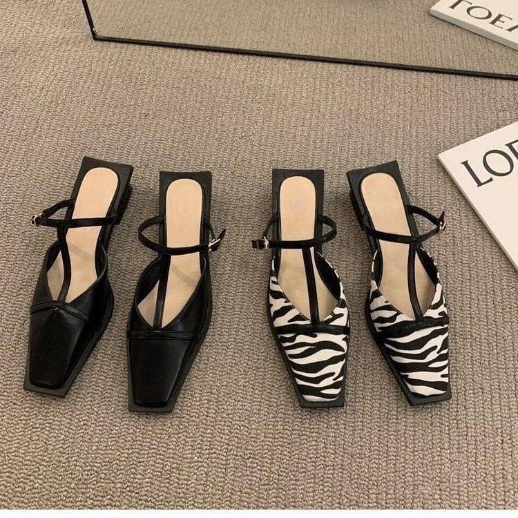 Square Toe T-Strap Chunky Heel Mules Product Image