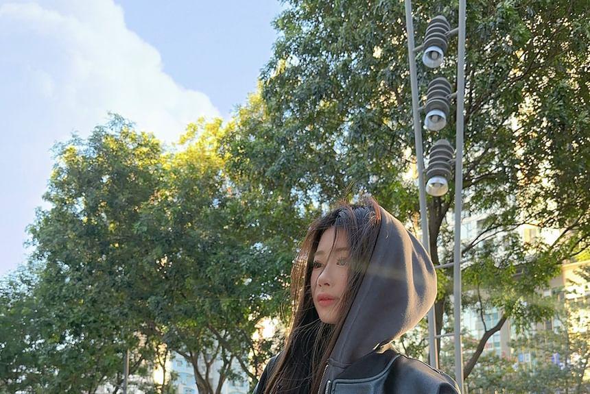 Plain Zip-Up Hoodie / Faux Leather Bomber Jacket Product Image