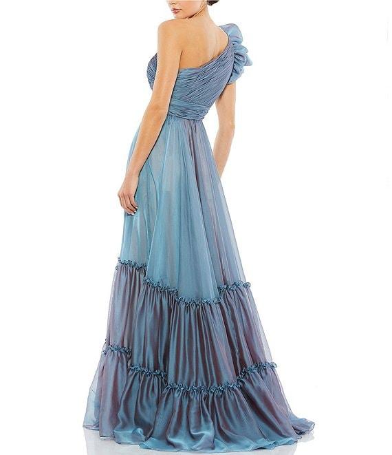 Mac Duggal Chiffon Ruched One Shoulder Flutter Sleeve Tiered Gown Product Image
