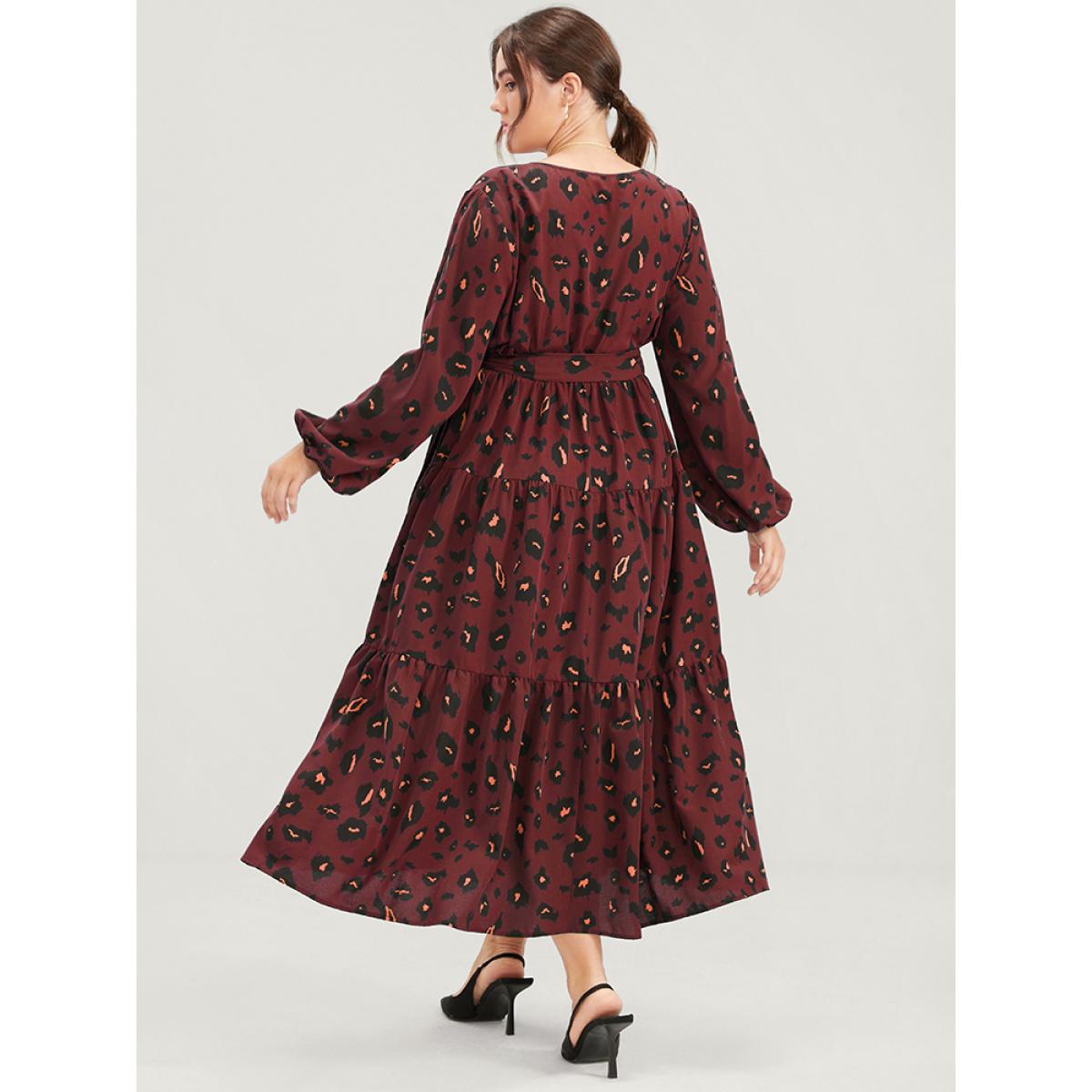 Plus Size Pocket Button Surplice Neck Allover Print Belted Dress Scarlet Women Party Cross straps V-neck Long Sleeve Curvy Long Dress BloomChic 14-16/1X Product Image