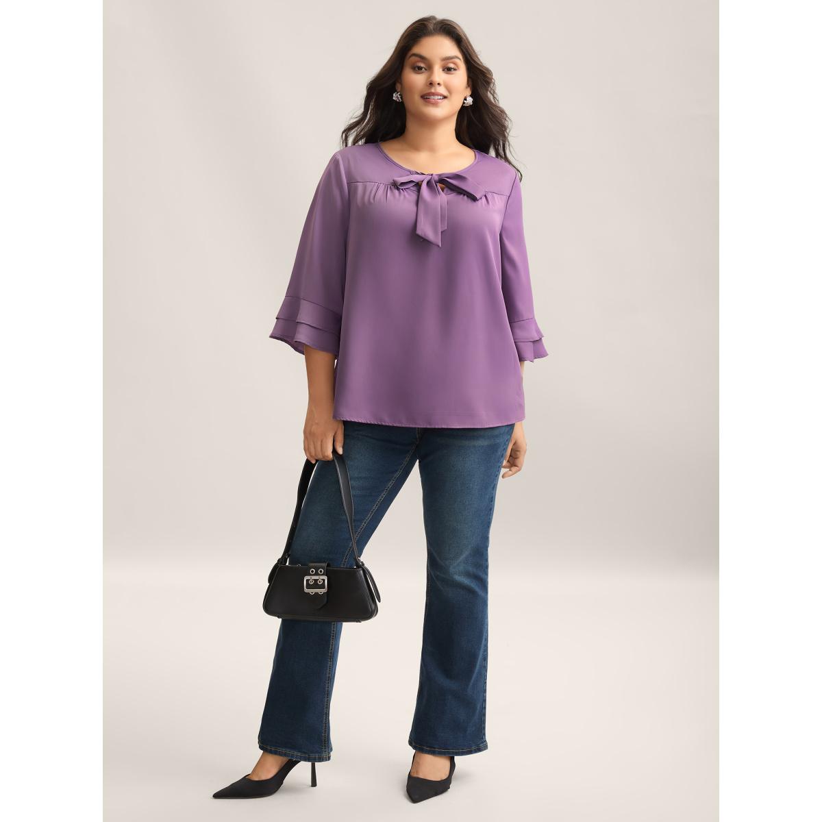 Plus Size Purple Solid Ribbon Tied Collar Bell Sleeve Blouse Women At the Office Elbow-length sleeve Ribbon-tied collar Office Blouses BloomChic 18-20/2X Product Image