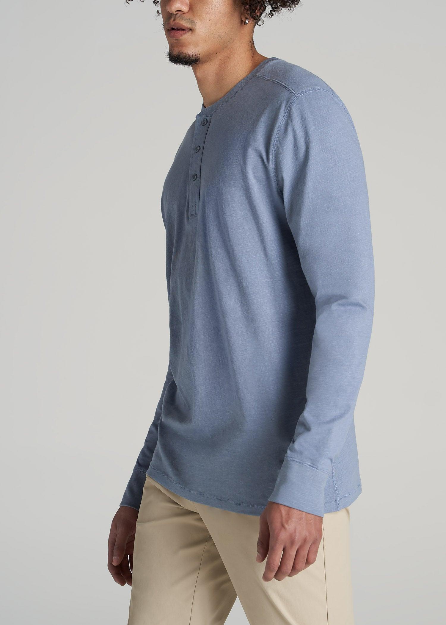Three-Button Long Sleeve Slub Henley for Tall Men in Chambray Male Product Image