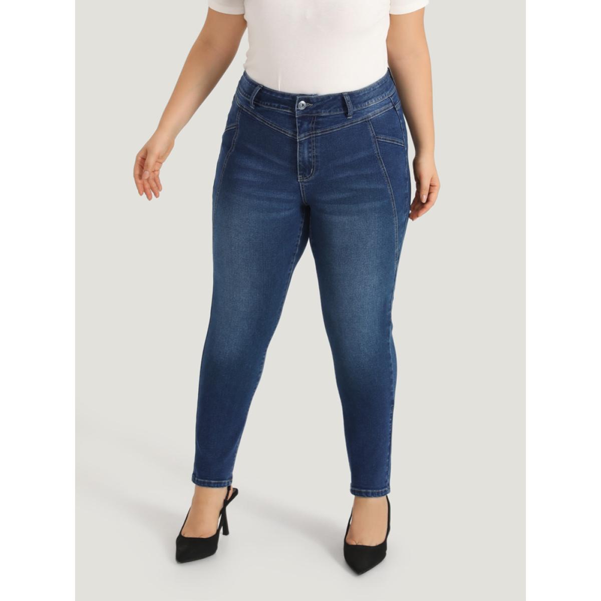 Plus Size Solid Very Stretchy Patchwork High Rise Jeans Women Blue Casual Plain Plain High stretch Pocket Jeans BloomChic 10/M Product Image