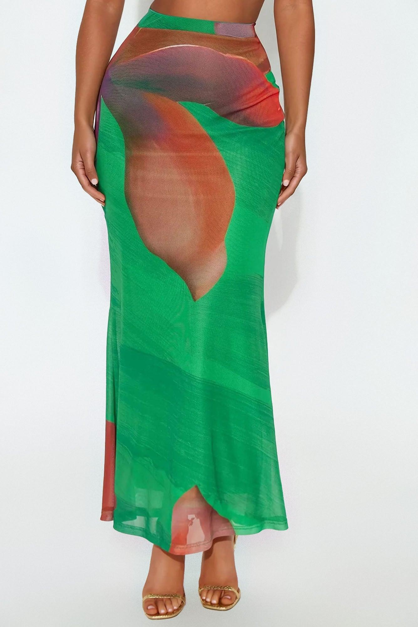 Into The Night Floral Mesh Maxi Skirt - Green/combo Product Image