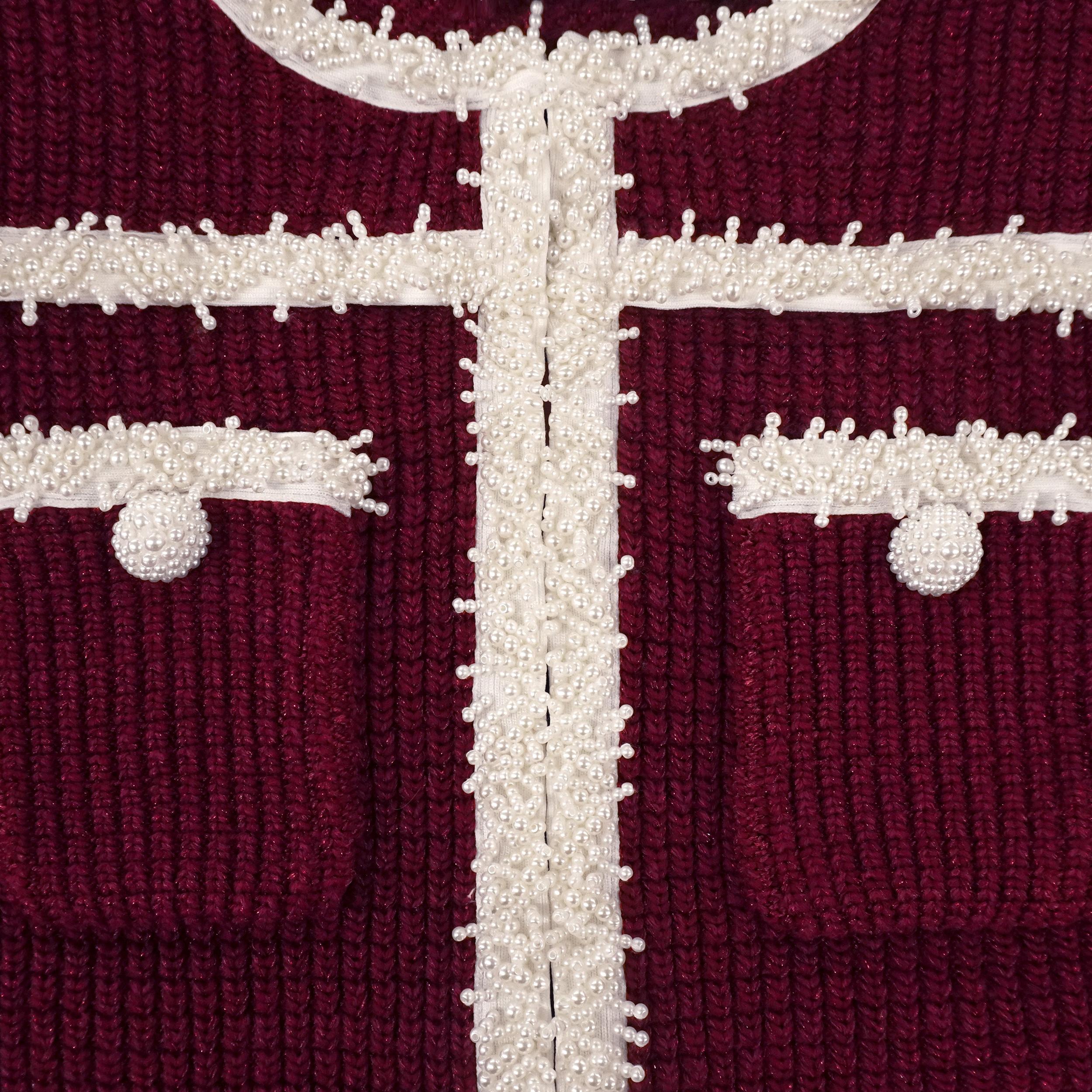 Burgundy Pearl Trim Knit Midi Dress Product Image