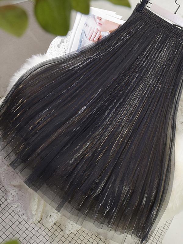 Urban A-Line Elastic Waist Mesh Pleated Skirts Product Image