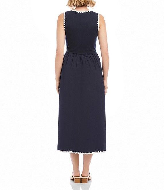 Karen Kane Cotton Knit Interlock Contrast Edge Stitch Scoop Neck Sleeveless A-Line Midi Dress Product Image