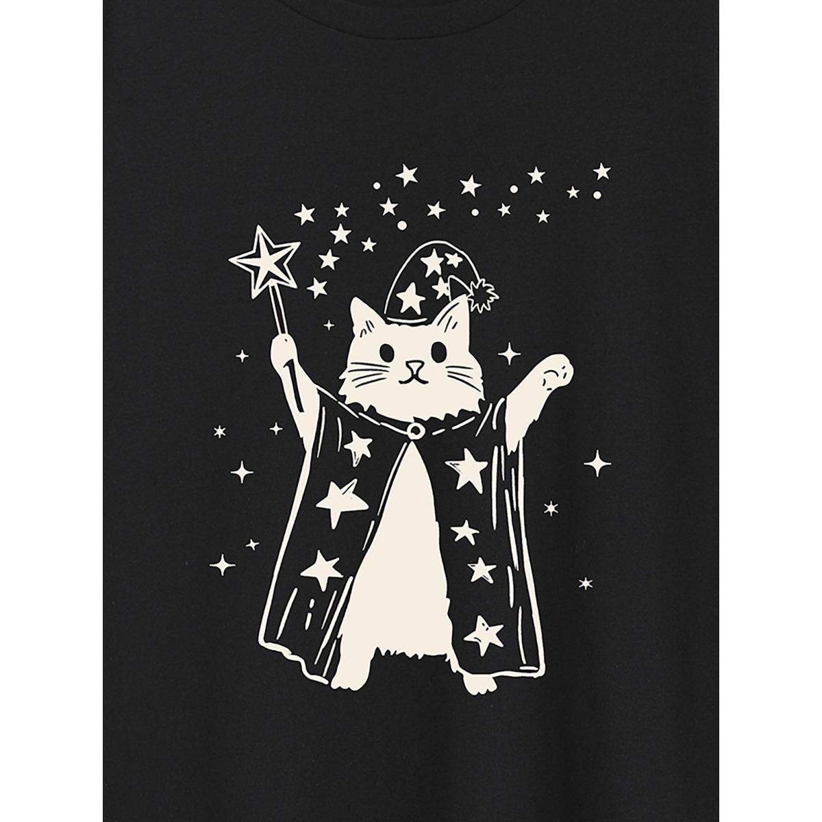 Plus Size Magical Cat Round Neck T-Shirt Pureblack Women Non Animals Round Neck Everyday-Casual T-shirts BloomChic 12/L Product Image