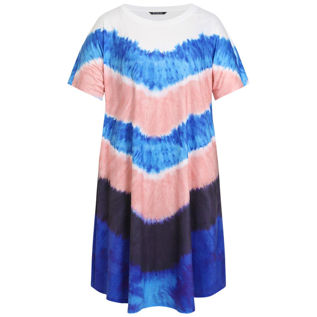 Plus Size Geometric Contrast Pocket Tie Dye Midi Dress Multicolor Women Casual Printed Round Neck Short sleeve Curvy Midi Dress BloomChic 14-16/1X Product Image