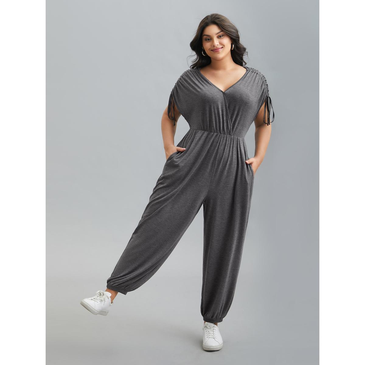 Plus Size DimGray Surplice Neck Drawstring Stretch Jumpsuit Women Casual Short sleeve Overlap Collar Everyday Loose Jumpsuits BloomChic 14-16/1X Product Image