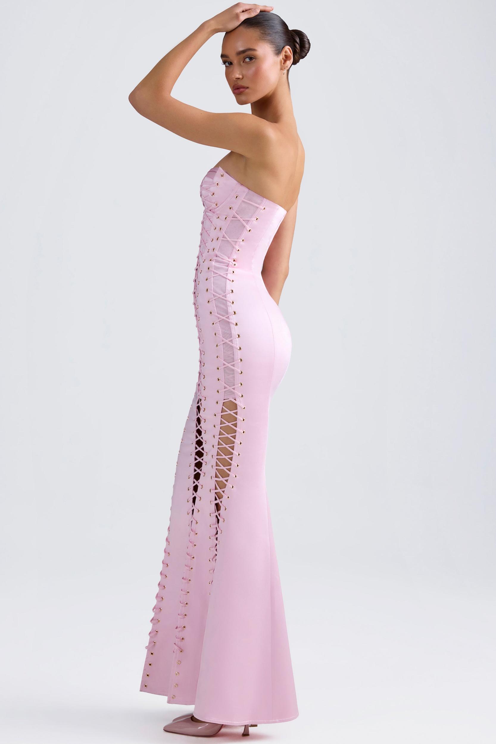 Lace-Up Corset Gown in Light Pink Product Image