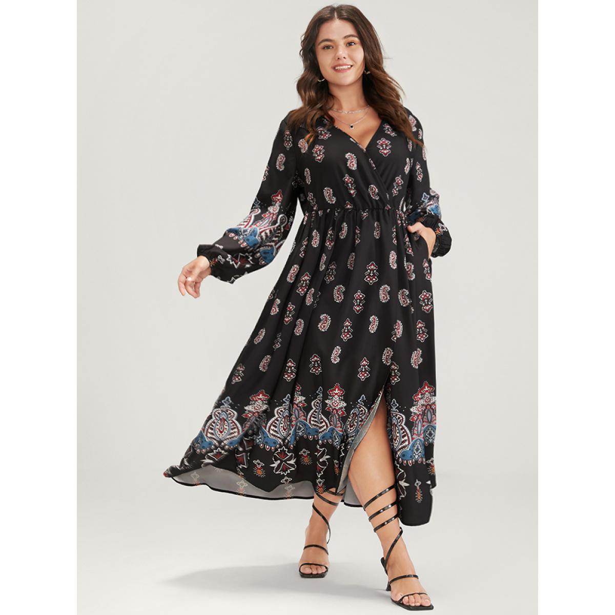 Plus Size Paisley Pocket Split Wrap Maxi Dress Black Women Vacation Pocket V-neck Long Sleeve Curvy Long Dress BloomChic 22-24/3X Product Image
