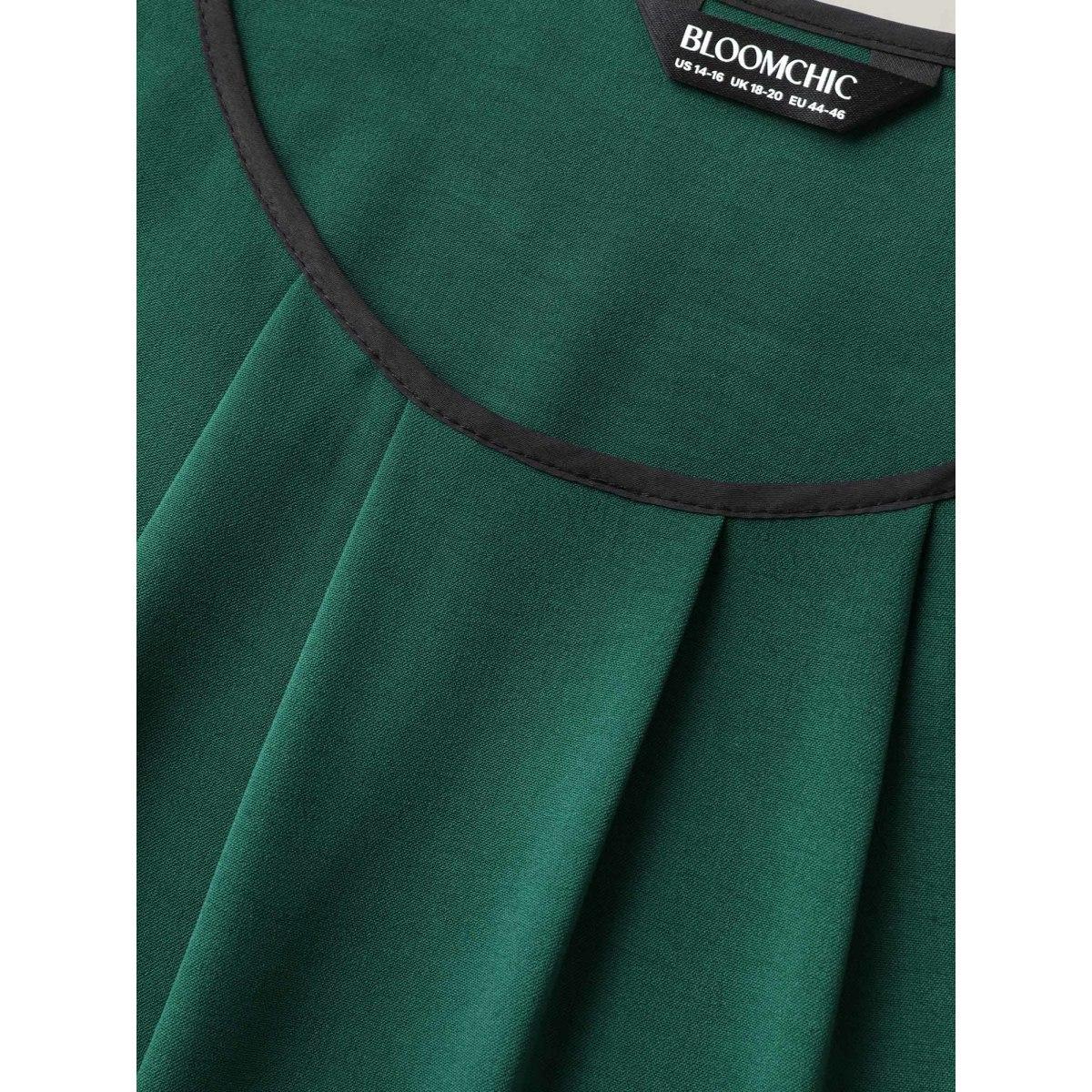Plus Size Petal Sleeve Pleated Pockets Midi Dress DarkGreen Women Office Round Neck Short sleeve Curvy BloomChic 10/M Product Image