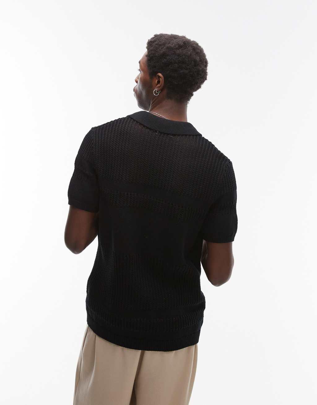 Topman knit ladder crochet polo in black Product Image