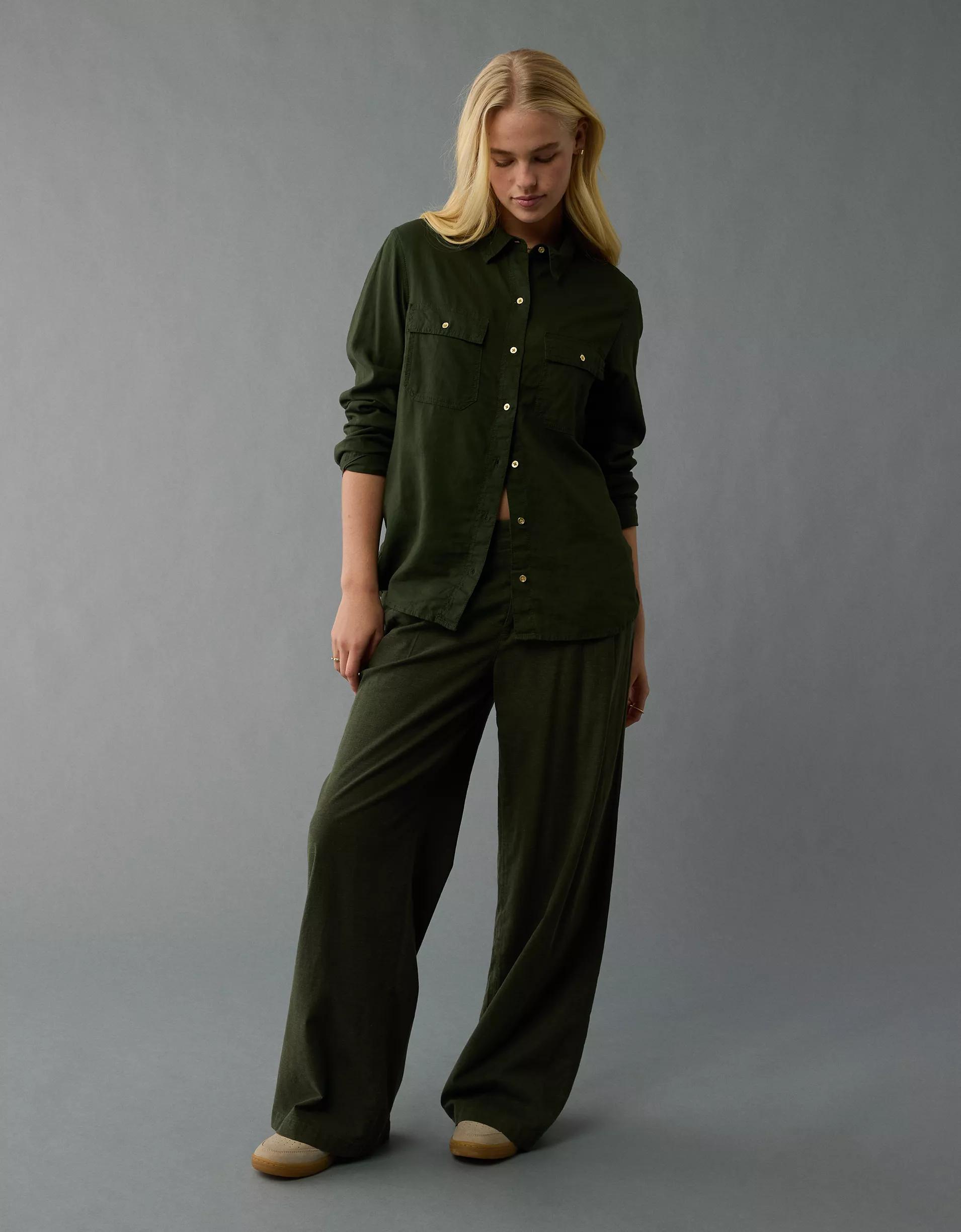 AE Weekend Vibes Linen-Blend Long-Sleeve Button-Up Shirt Product Image