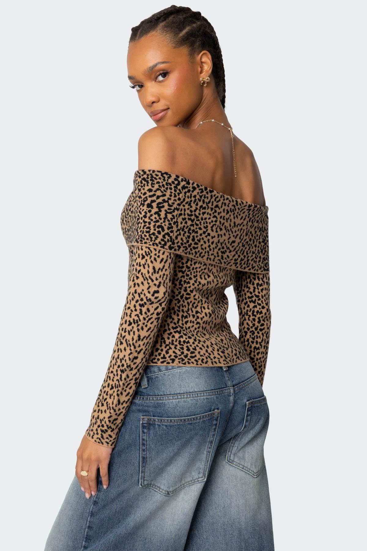 Leopard Printed Fold Over Knit Top Product Image