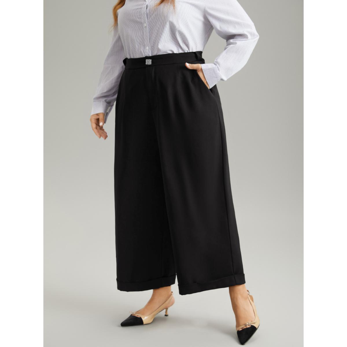 Plus Size Plain Metal Detail Pocket Wide Leg Pants Women Black Office Wide Leg High Rise Office Pants BloomChic 18-20/2X Product Image