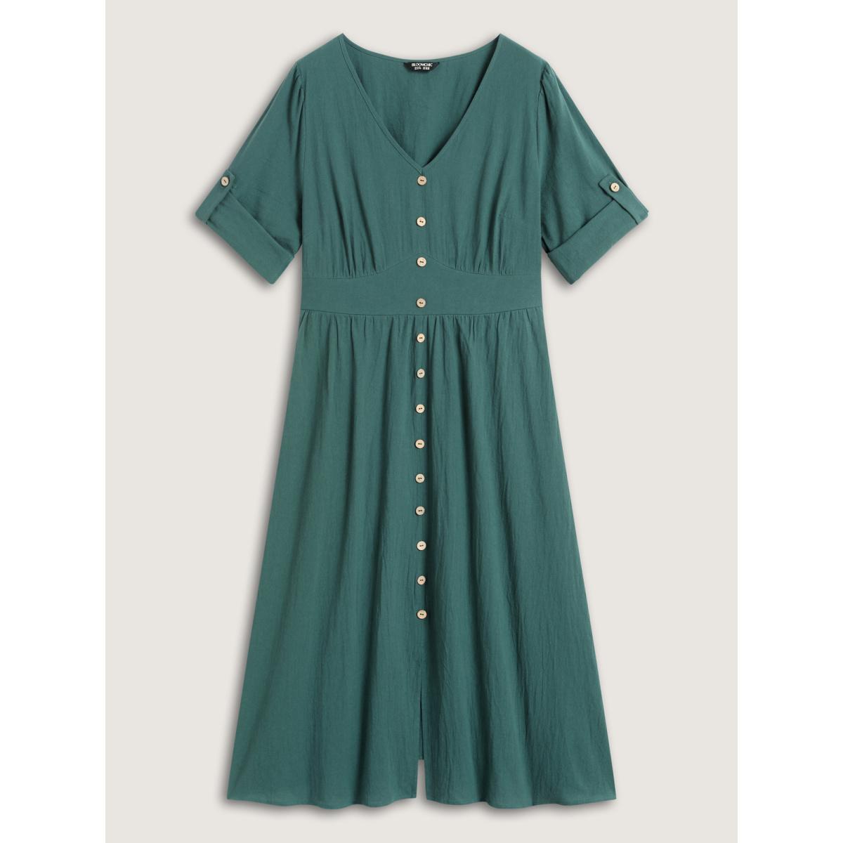 Plus Size Pure Cotton Button Gathered Sleeve Midi Dress Teal Women Boho Gathered V-neck Elbow-length sleeve Curvy BloomChic 26/4X Product Image