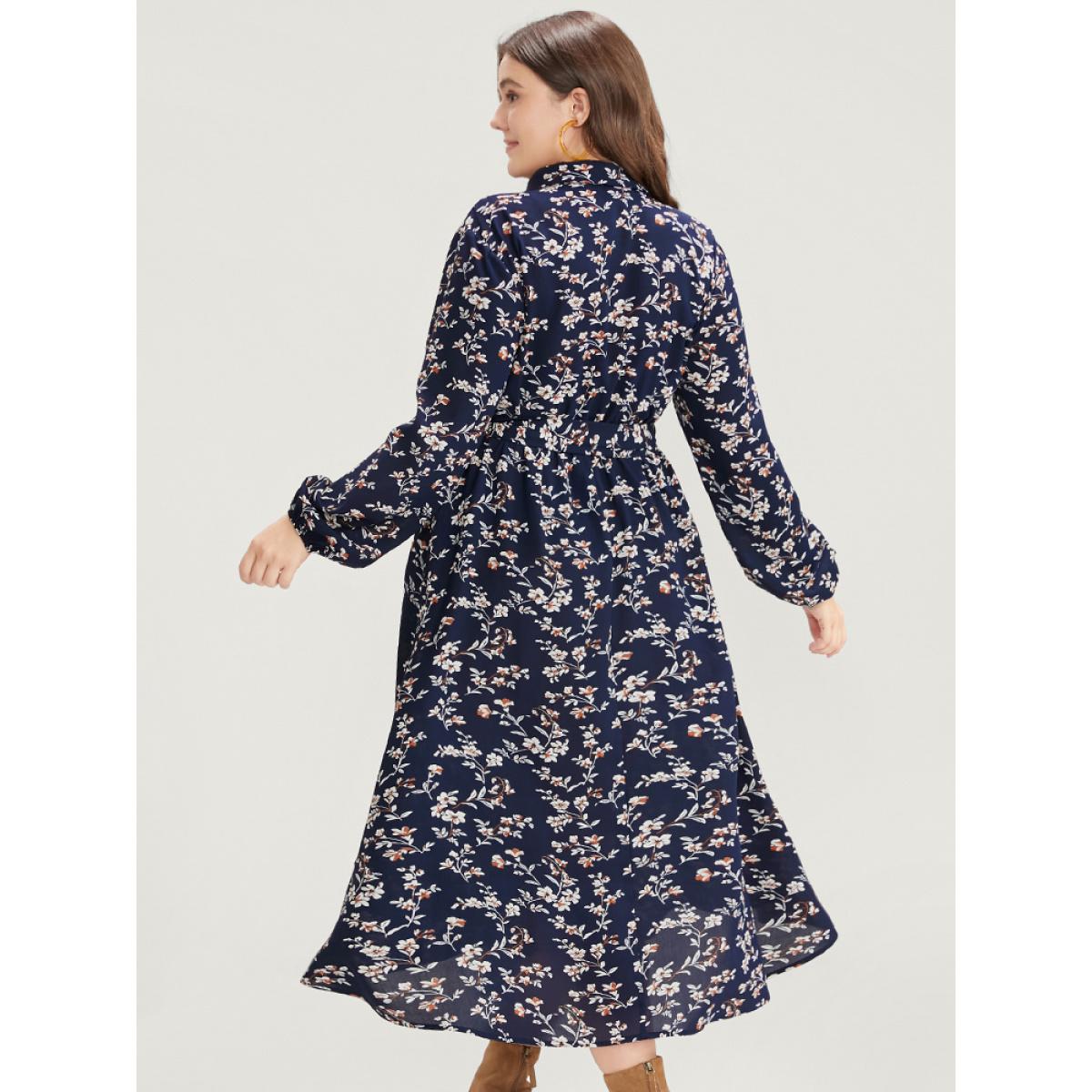 Plus Size Ditsy Floral Pocket Lantern Sleeve Belted Shirt Collar Dress Navy Women Elegant Button Shirt collar Long Sleeve Curvy Midi Dress BloomChic 26/4X Product Image