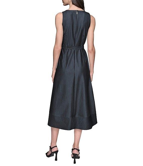 KARL LAGERFELD PARIS Denim Crew Neck Sleeveless Belted A-Line Midi Dress Product Image
