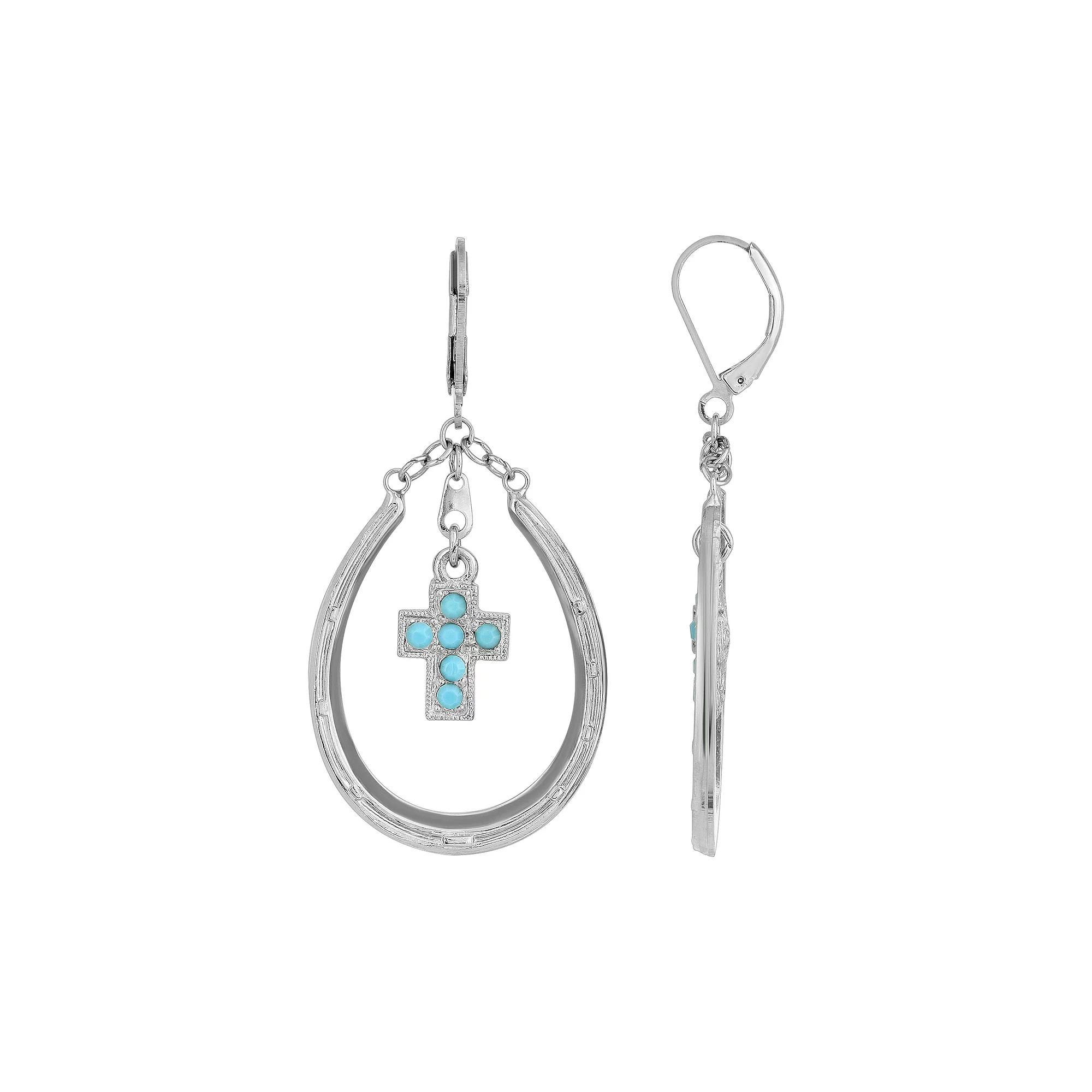 1928 Silver Tone Simulated Turquoise Dangling Cross Horseshoe Earrings, Womens Product Image