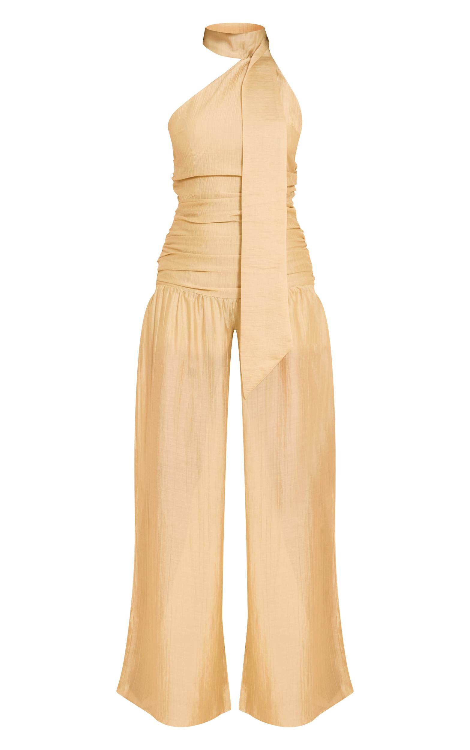 Mustard Textured One Shoulder Scarf Detail Jumpsuit Product Image