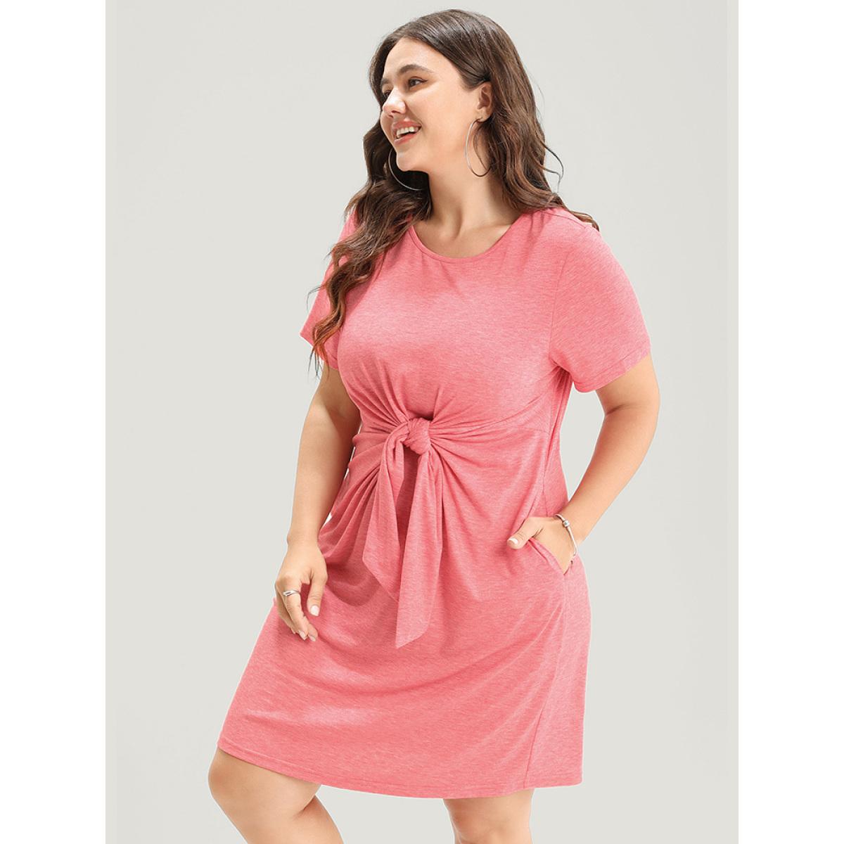 Plus Size Solid Round Neck Pocket Knot Front Knee Dress Watermelon Women Casual Plain Round Neck Short sleeve Curvy Knee Dress BloomChic 26/4X Product Image