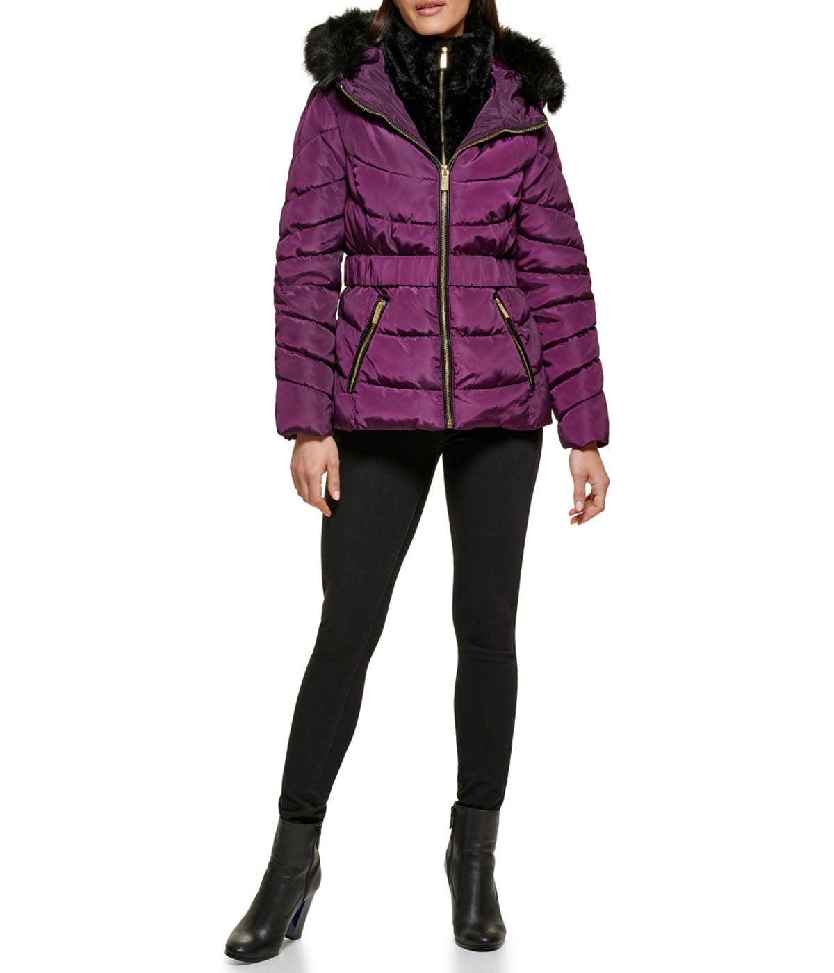 Faux Fur Trim Puffer Jacket 2 Eggplant Product Image