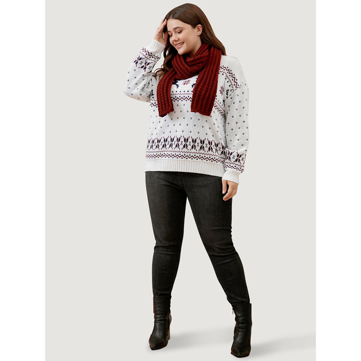 Plus Size Elk & Snowflake Pointelle Knit Round Neck Knit Top Multicolor Women Casual Loose Long Sleeve Dailywear Pullovers BloomChic 28/5X Product Image