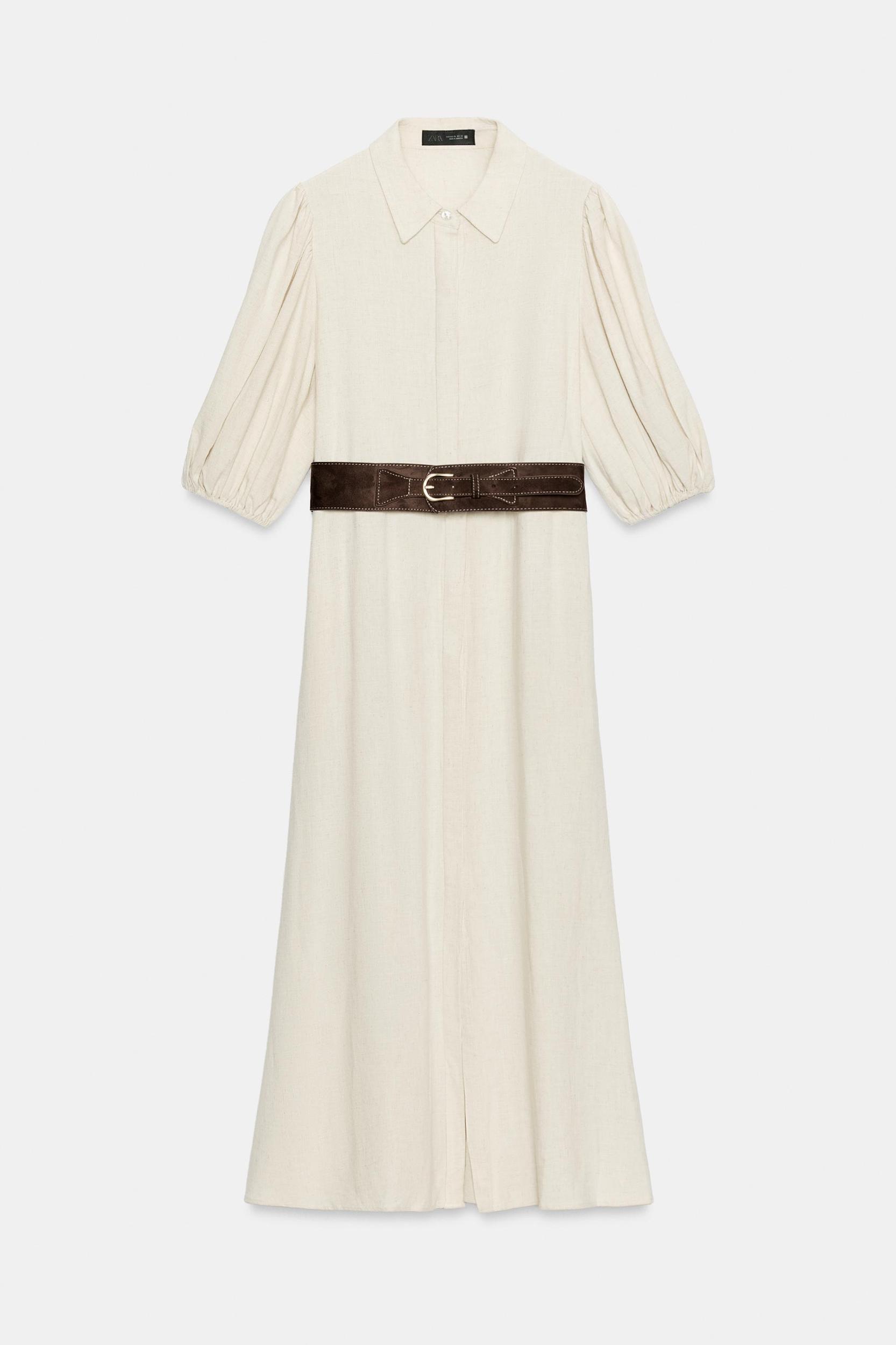LINEN BLEND MIDI DRESS WITH BELT Product Image