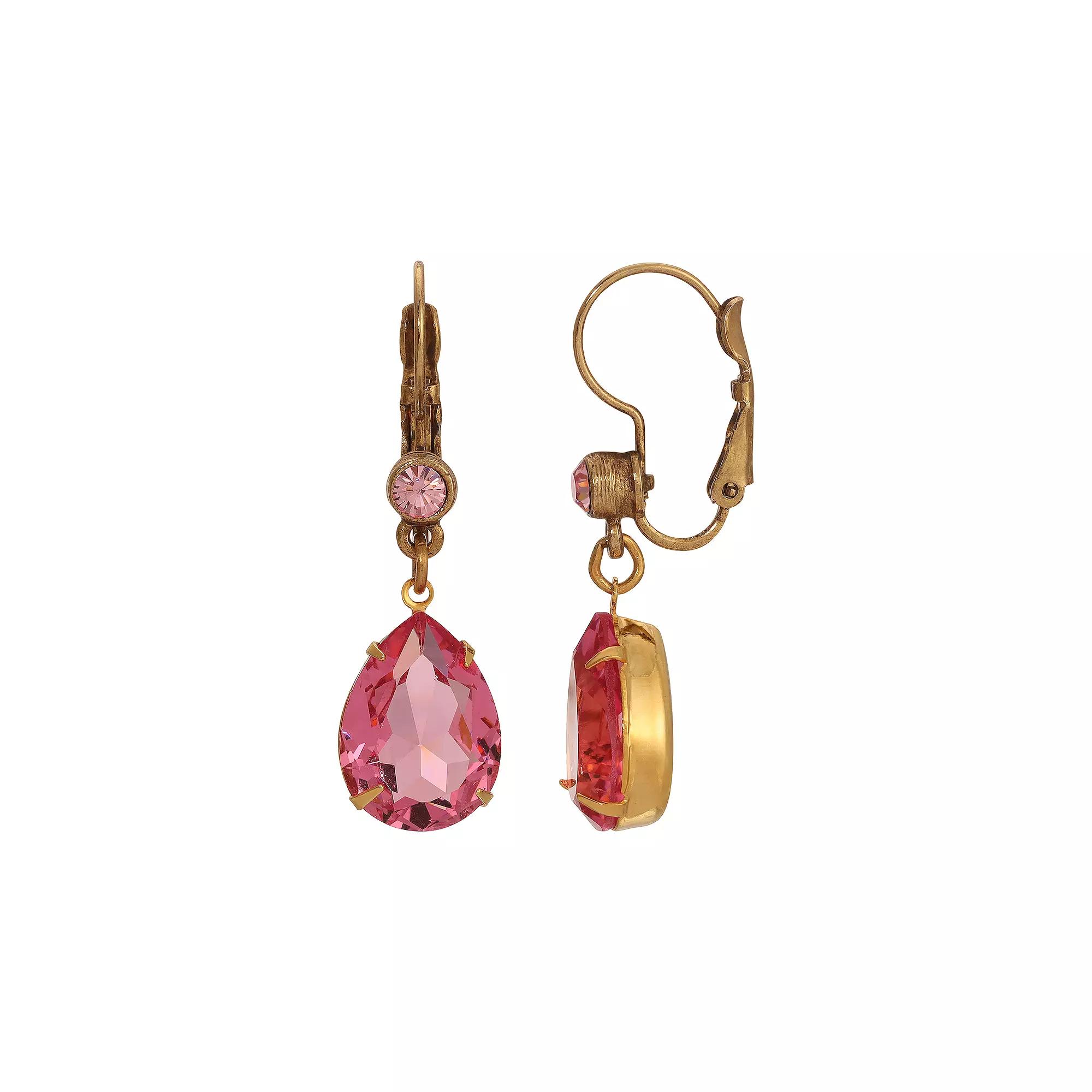1928 Gold Tone Glass Crystal Teardrop Earrings, Women's, Pink Product Image