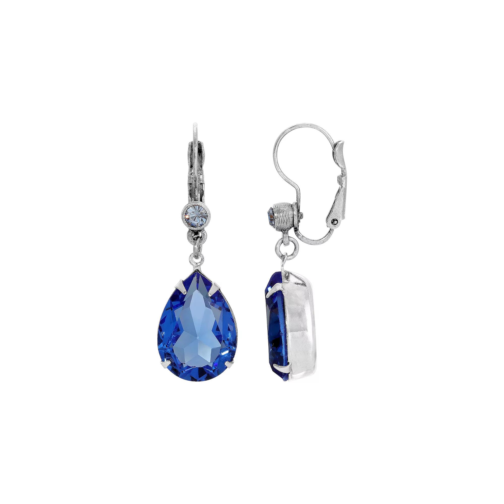1928 Silver Tone Blue Glass Teardrop Leverback Earrings, Women's Product Image