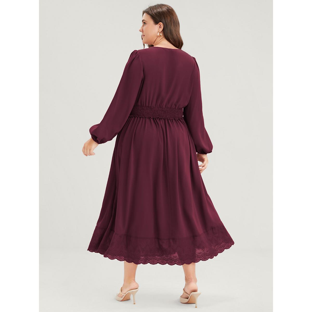 Plus Size Solid Pocket Lantern Sleeve Patchwork Ruffled Shirred Dress Burgundy Women Elegant Plain V-neck Long Sleeve Curvy Midi Dress BloomChic 30/6X Product Image