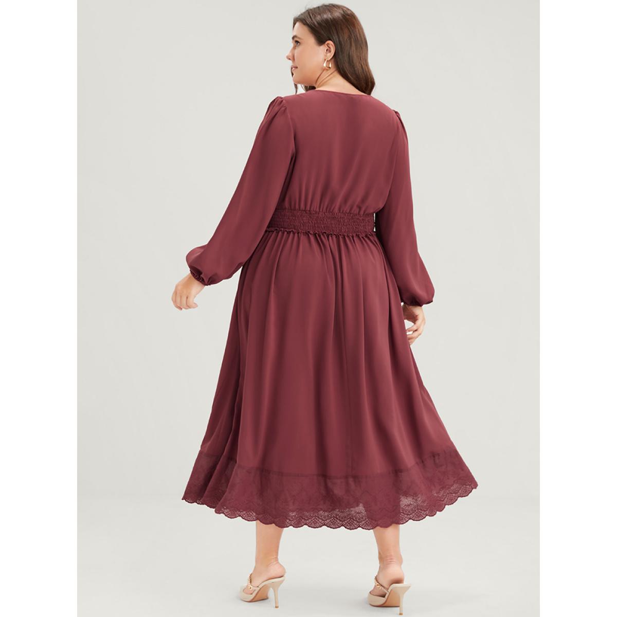 Plus Size Solid Pocket Lantern Sleeve Patchwork Ruffled Shirred Dress DustyPink Women Elegant Plain V-neck Long Sleeve Curvy Midi Dress BloomChic 12/L Product Image