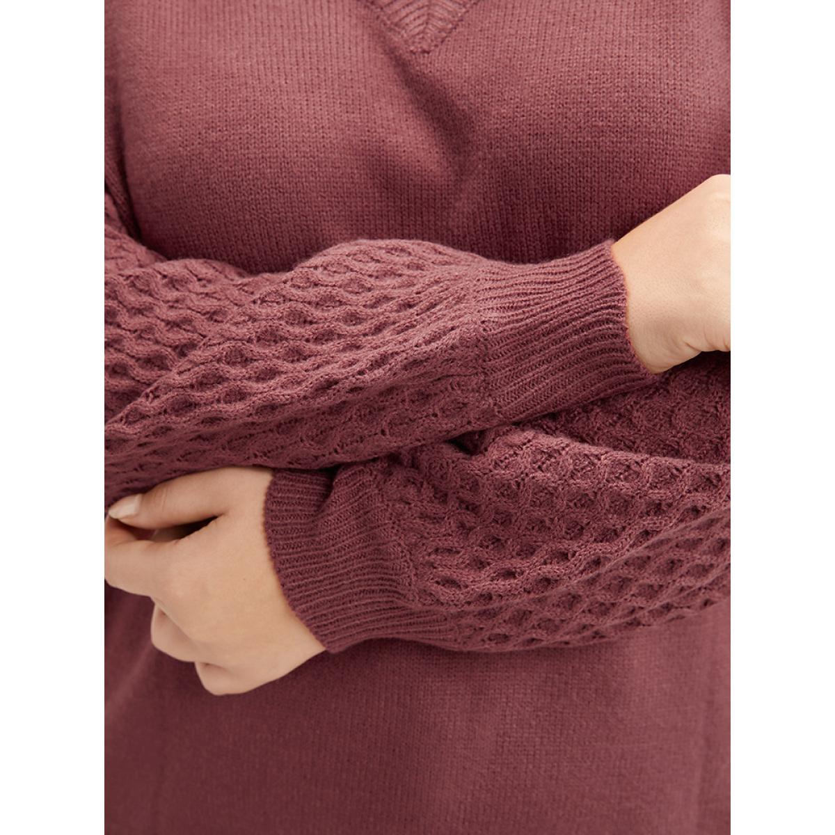 Plus Size Solid Pointelle Knit Lantern Sleeve Knit Top Russet Women Elegant Loose Long Sleeve V-neck Dailywear Pullovers BloomChic 22-24/3X Product Image