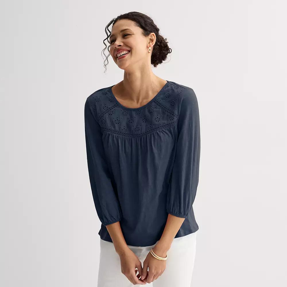 Women's Croft & Barrow® Three-Quarter Sleeve Eyelet Yoke Top, Size: Small, Blue Product Image