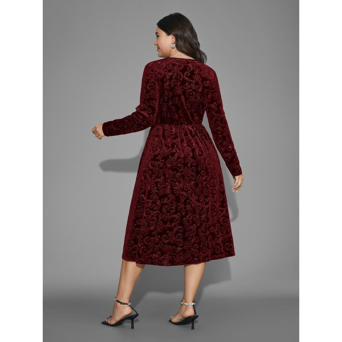 Plus Size Square Neck Floral Velvet Midi Dress Burgundy Women Cocktail Party Curvy Bloomchic 18-20/2X Product Image