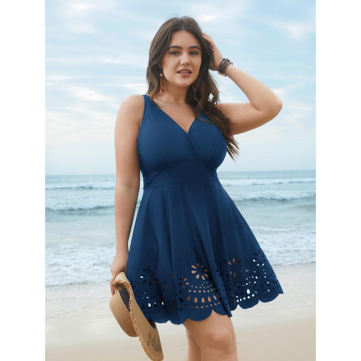 Plus Size Laser Cut Surplice Neck Waist-Cinched Swim Dress Women's Swimwear Black Resort Bodycon Overlap Collar High stretch Curve Swim Dresses BloomChic 26/4X Product Image