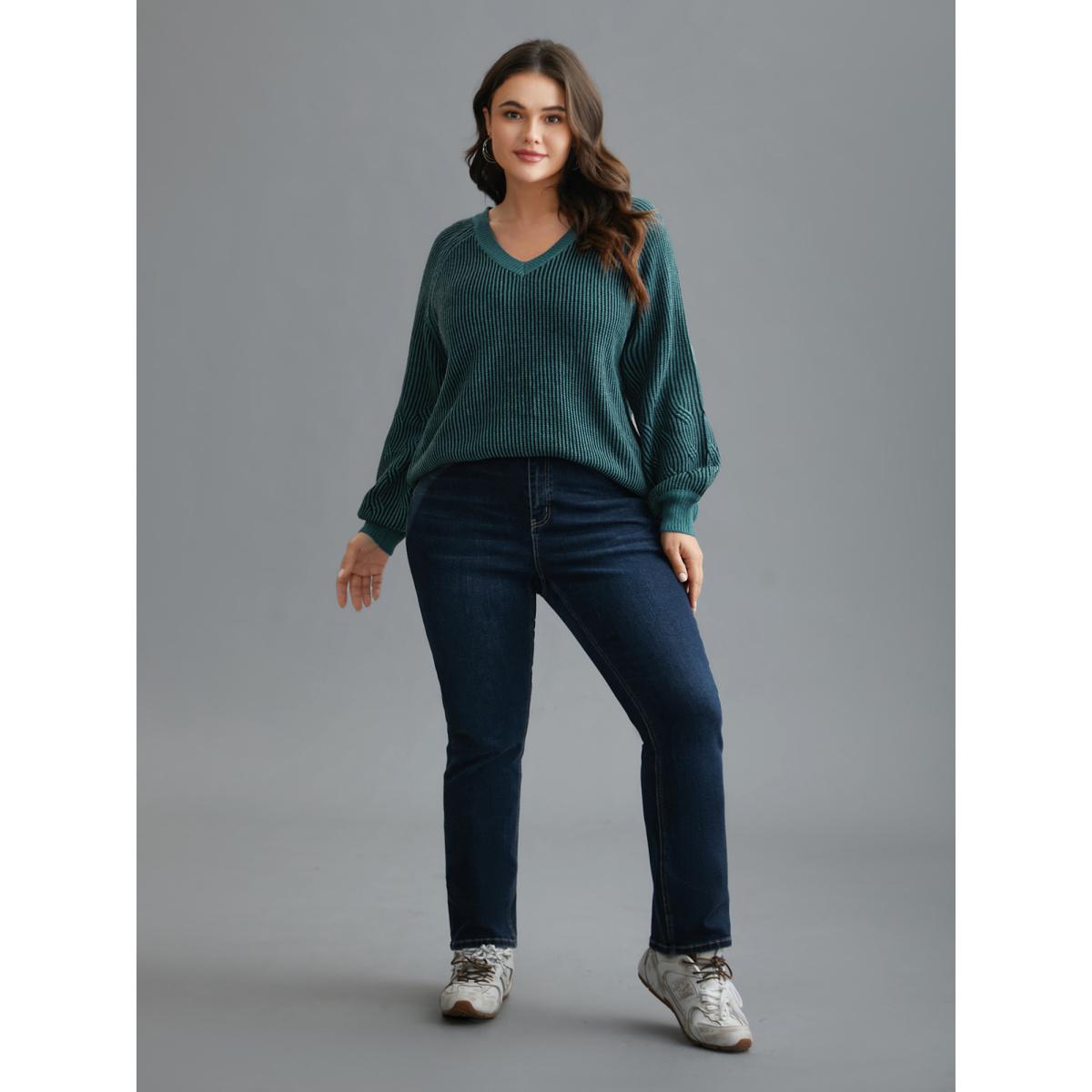 Plus Size Cable Knit V-Neck Raglan Sleeve Pullover Cyan Women Casual Loose Long Sleeve V-neck Everyday Pullovers BloomChic 26/4X Product Image
