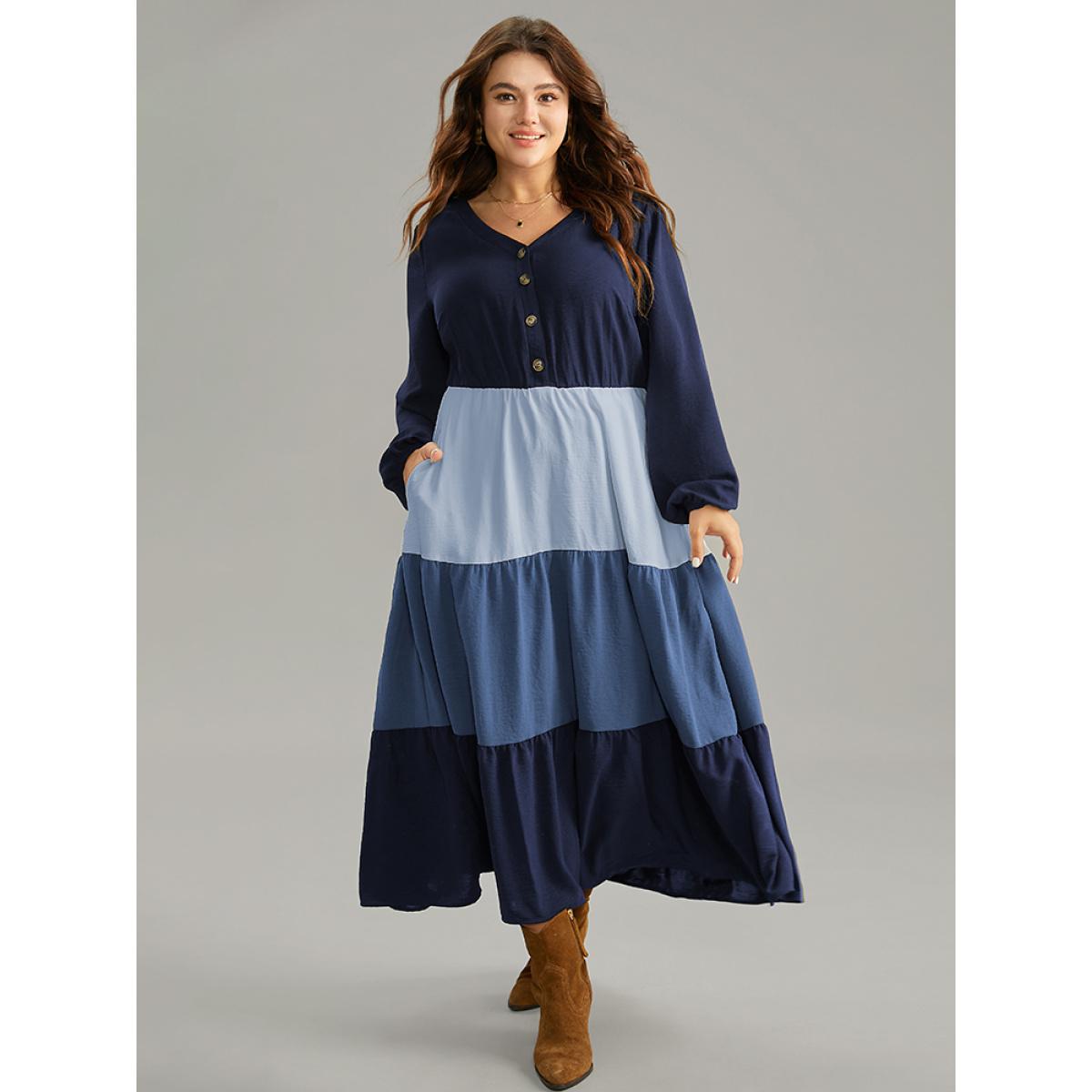 Plus Size Colorblock Patchwork Lantern Sleeve Button Detail Dress Blue Women Elegant Elastic cuffs V-neck Long Sleeve Curvy Midi Dress BloomChic 28/5X Product Image